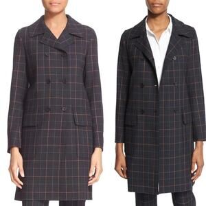 Theory Abla tile check plaid double breasted wool blend long trench coat size XS